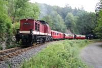 Überführungsfahrt (Lok 199 874, Tw 187 025, zwei Sitzwagen und Lok 99 6001 von Gernrode nach Wernigerode) am 10.07. 2011 (So.) vor dem Hp Drahtzug