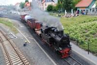 Ausfahrt von Lok 99 6101 mit einem Fotogüterzug (Regelspurwagen auf Rollböcken) in Wernigerode Hbf (2)