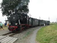 Zug des Mansfelder Bergwerksbahn e. V. (MBB) mit Lok Nr. 20 wartet im Bahnhof Dreieck Siersleben auf Zugkreuzung