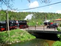 Sonderzug der HSB aus Nordhausen mit Lok 99 7245 und Sonderzug des FKS aus Gernrode mit Lok 99 5906 im Bahnhof Silberhütte