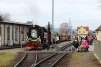 Der Oster-Sonderzug mit Lok 99 7243 steht in Bahnhof Gernrode zur Abfahrt nach Silberhütte bereit.